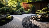 Garden, providing a peaceful sanctuary for mindful reflection. Serene Zen garden, raked gravel, strategically placed stones. Generated by AI.