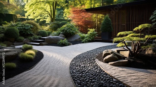 Garden, providing a peaceful sanctuary for mindful reflection. Serene Zen garden, raked gravel, strategically placed stones. Generated by AI. © Татьяна Лобачова
