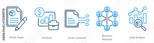 A set of 5 Blockchain icons as white paper, portfolio, smart contract