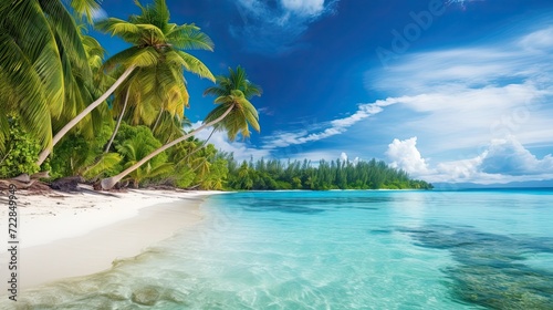 Lush palm trees and radiant turquoise waters, creating a serene paradise for relaxation and leisure. Peaceful ambiance, palm trees, turquoise waters. Generated by AI.