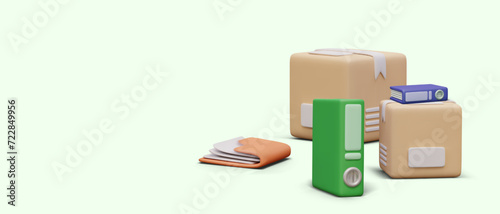 3D cardboard boxes, parcels, folders. Keeping warehouse records, documentation