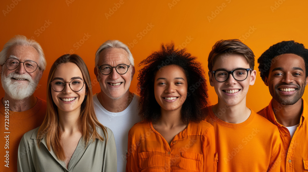 People from different age groups from very young, teenagers to grandpa, al smiling, customer experience in orange color People from different age groups from very young, teenagers to grandpa, al smiling, customer experience in orange color