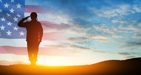 Silhouette of soldier saluting on background of USA flag. Greeting card for Veterans Day, Memorial Day.