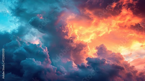 Stormy sky during sunset, colored clouds in sun