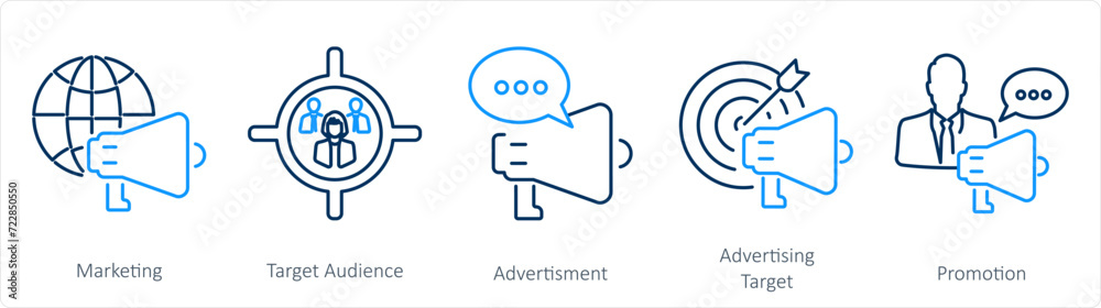 A set of 5 Branding icons as marketing, target audience, advertisement A set of 5 Branding icons as marketing, target audience, advertisement