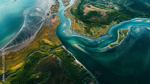 a view from a height of the river delta on a summer day photo