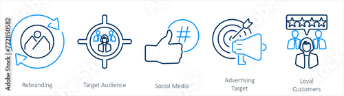 A set of 5 Branding icons as rebranding, target audience, social media