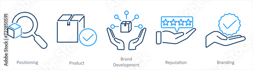 A set of 5 Branding icons as positioning, product, brand development