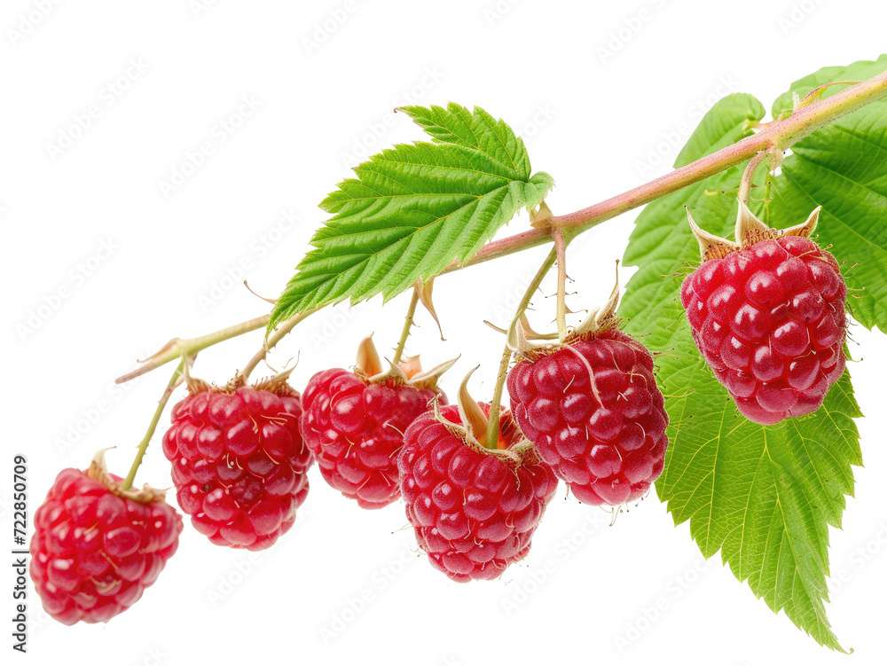 Ripe red raspberry with green leaves, cut out - stock png. Ripe red raspberry with green leaves, cut out - stock png.