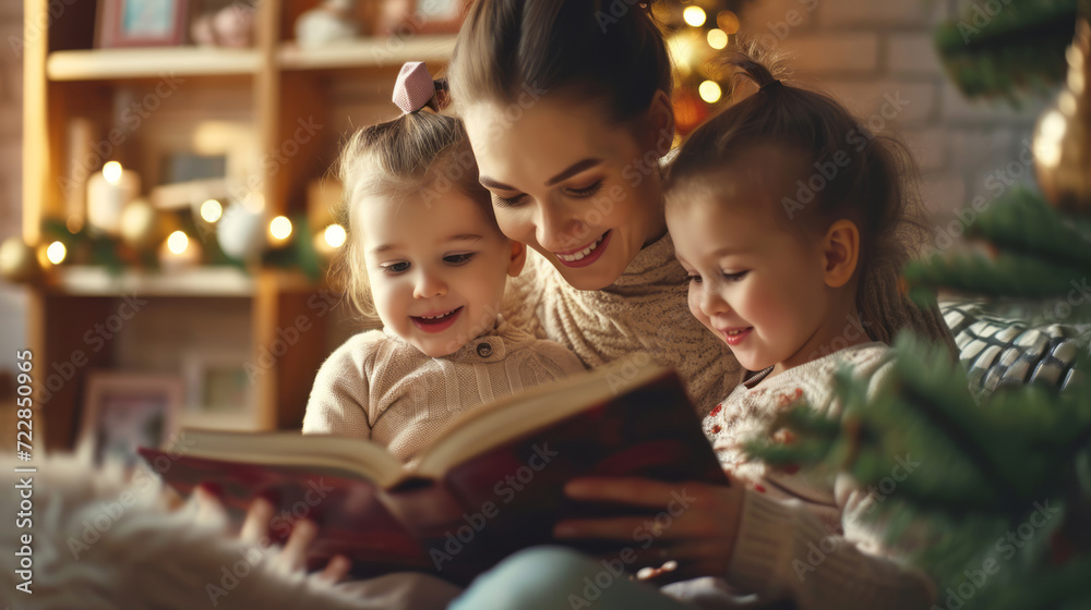 happy loving family. pretty young mother reading a book to her daughters