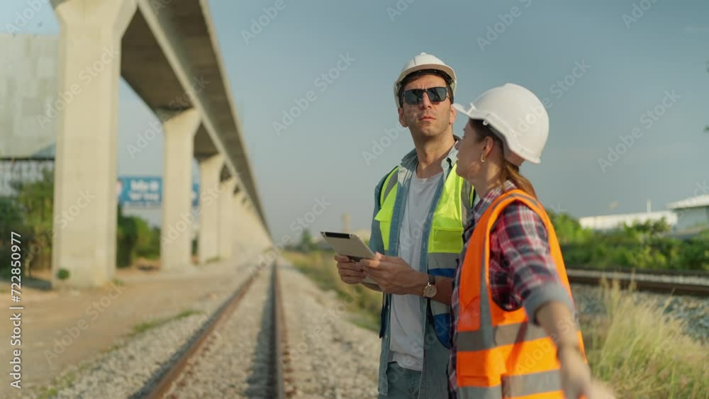 Two engineers in safety uniform and helmet using tablet discussion and inspection construction process railway while walking. Two engineer working on railway together. Teamwork concept Two engineers in safety uniform and helmet using tablet discussion and inspection construction process railway while walking. Two engineer working on railway together. Teamwork concept