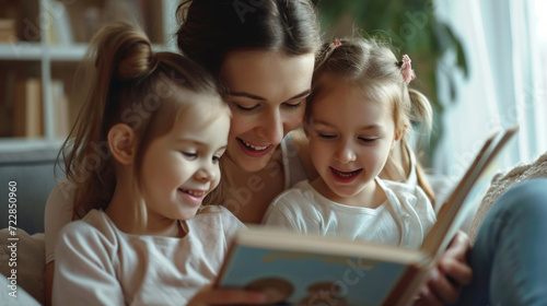 happy loving family. pretty young mother reading a book to her daughters