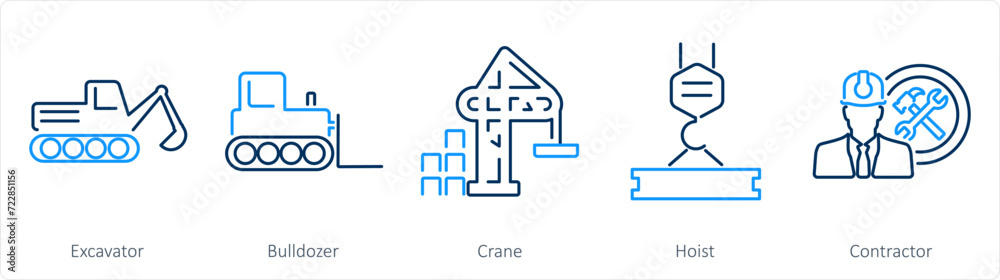 A set of 5 Build icons as excavator, bulldozer, crane