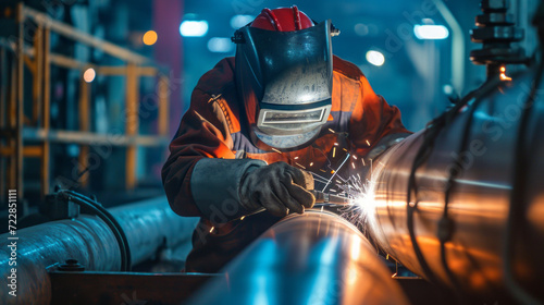 A welder in equipment and a mask welding a pipe photo