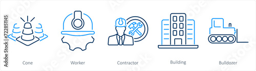 A set of 5 Build icons as cone, worker, contractor