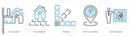 A set of 5 Build icons as renovation, foundation, palette