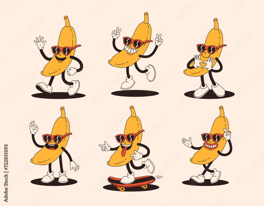 Fototapeta premium Groovy banana mascot in different poses. Funky retro character. Set of cartoon bananas, smiling, walking, on skateboard, showing heart with hands.