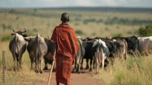 Young Masai herders herd and protect their cattle in savannah with giraffes background