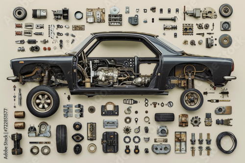 a car model disassembled into small parts