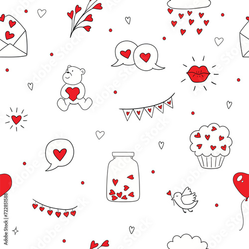 Seamless pattern with love symbols; hearts, teddy bear. banner, romantic chat