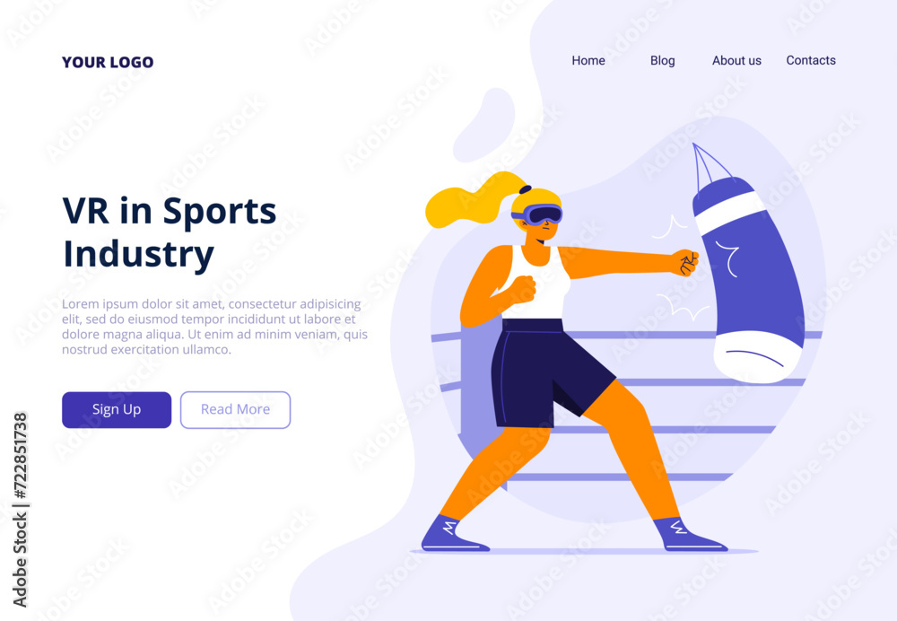 A woman uses virtual reality glasses for training and sports activities. Exploring a VR technology for health and wellness. Vector flat illustration for website, mobile app, and promo materials.