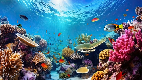Coral reefs thriving in crystal-clear waters, a bustling ecosystem filled with an abundance of marine life forms. Teeming biodiversity, underwater spectacle. Generated by AI.