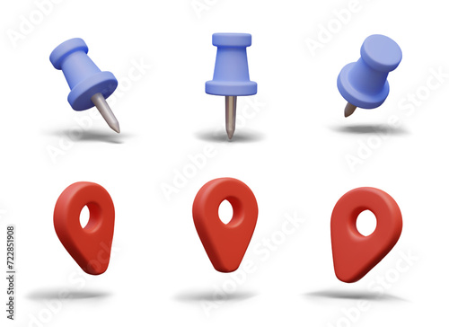 Realistic office elements. Plastic blue pushpin and red pin for mark territory