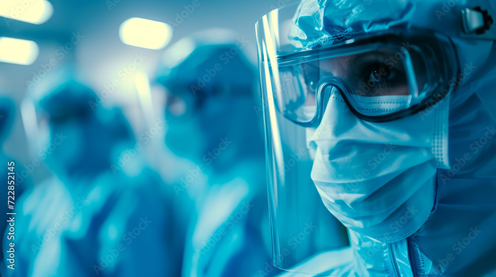 Medical doctors of different nationalities and genders in masks and caps are looking at camera, standing in a row one by one Medical doctors of different nationalities and genders in masks and caps are looking at camera, standing in a row one by one