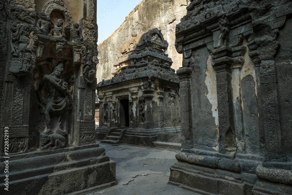 Kailasa Temple in the Ellora Caves complex in the Aurangabad District of Maharashtra, India.