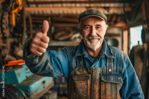 Friendly Machinist with Thumbs Up in Industrial Workshop


