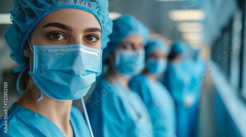 Medical doctors of different nationalities and genders in masks and caps are looking at camera, standing in a row one by one photo