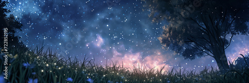 The Milky Way in the night sky seen beautiful panorama in anime style