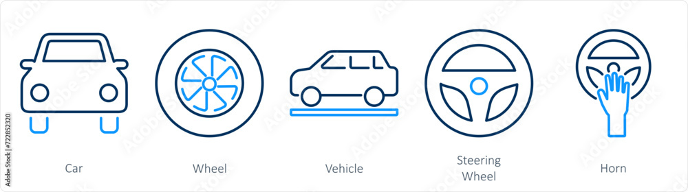 A set of 5 Car icons as car, wheel, vehicle A set of 5 Car icons as car, wheel, vehicle