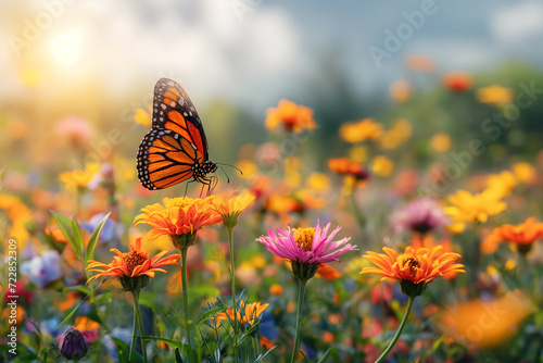 Monarch Butterfly in a Field of Beautiful Flowers