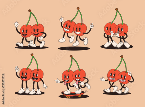 Groovy cherry mascot in different poses. Funky retro character. Set of cartoon cherries, smiling, walking, on skateboard, showing heart with hands.
