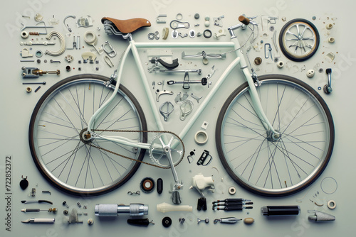 Components of a bike, compact view, deconstructed for many parts carbon fiber fork