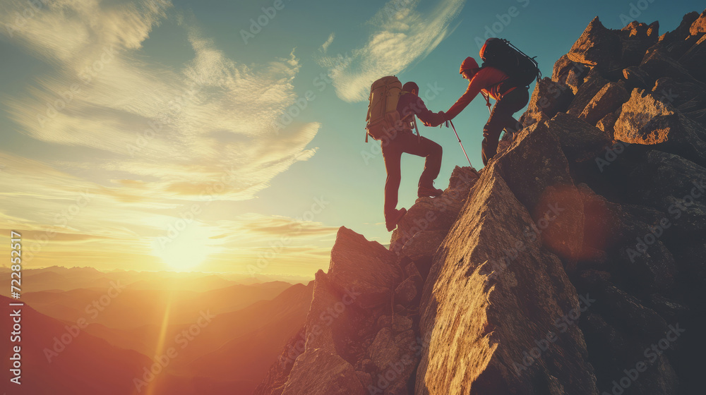 People helping each other hike up a mountain at sunrise. Giving a helping hand, and active fit lifestyle concept. - obrazy, fototapety, plakaty 