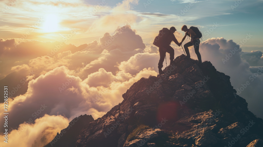 People helping each other hike up a mountain at sunrise. Giving a helping hand, and active fit lifestyle concept. - obrazy, fototapety, plakaty 
