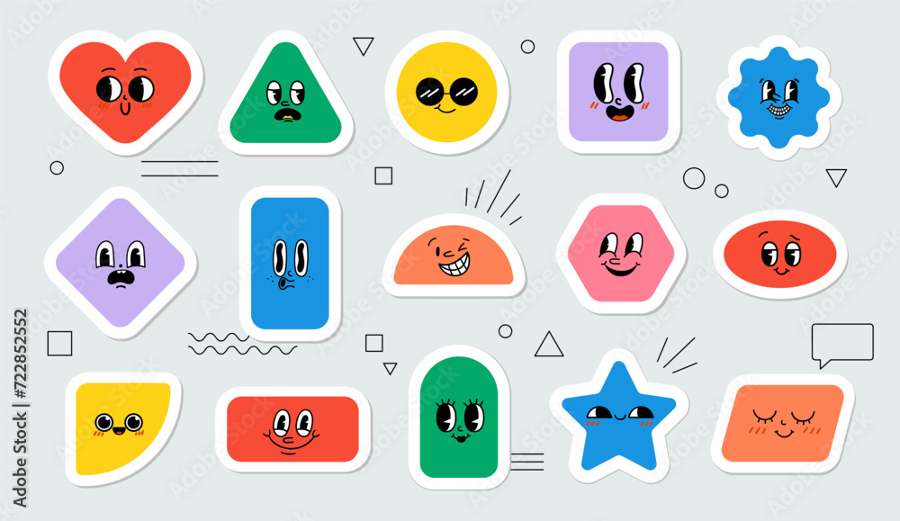 Vector geometric stickers with different facial emotions. Cute cartoon characters. Vector geometric stickers with different facial emotions. Cute cartoon characters.