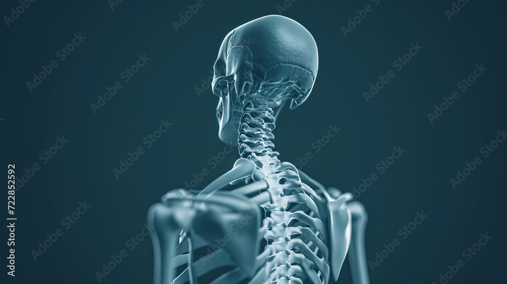 Human skeleton with view on the spine bones XRay 3D render Human skeleton with view on the spine bones XRay 3D render