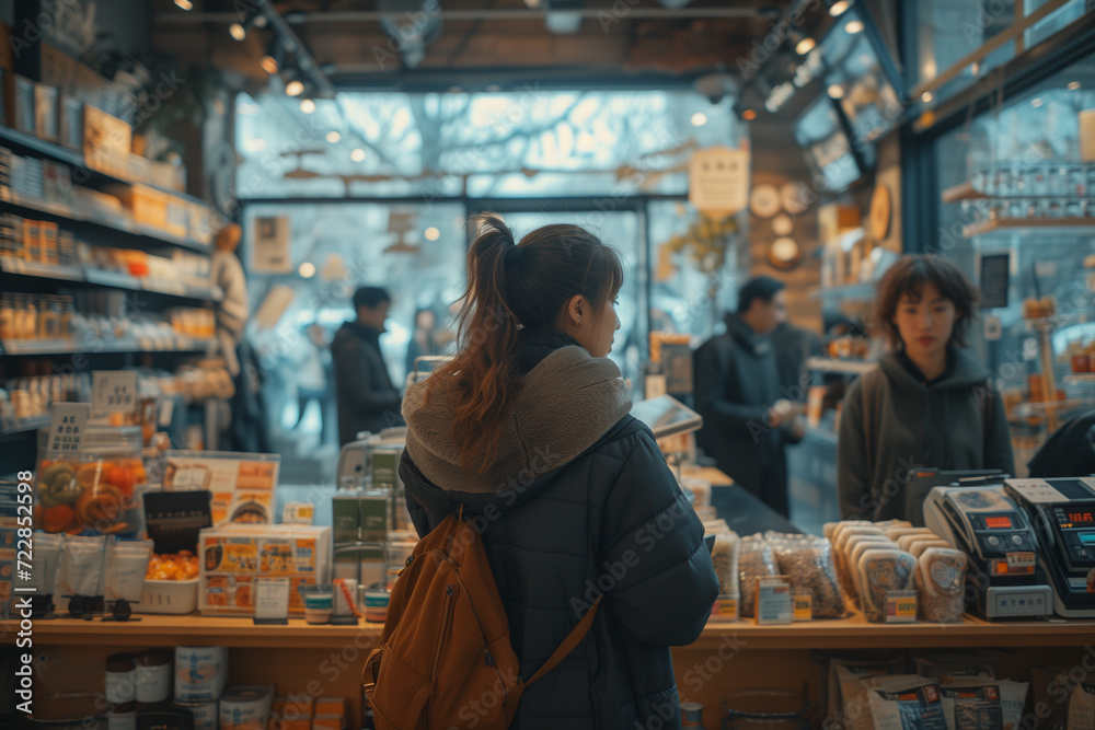 A cashier engages with customers in diverse retail scenes, from groceries to boutiques, creating vibrant shopping moments, Radiant smiles at checkout! 