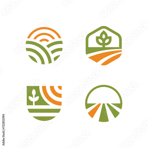 Simple farm icon set showing crops, fields and sun rays