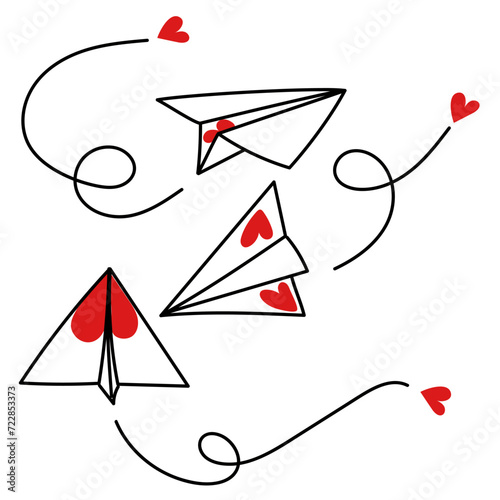 Set of paper airplanes with hearts. Flying airplane with an air route line carries hearts. The trajectory of the aircraft with a heart, the air trail of the flight. Isolator doodle illustration. Black