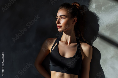 Standing in the studio with shadows. Young woman with slim body type is in fitness clothes.
