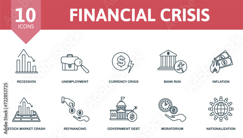 Financial Crisis set icon. Contains financial crisis illustrations such as unemployment, bank run, stock market crash and more.