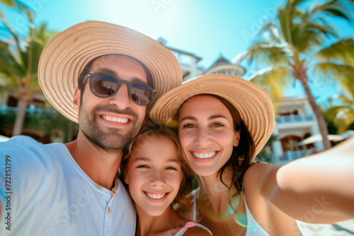 Cheerful family taking a selfie on a sunny vacation, capturing joyous moments together.
