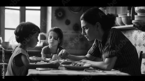 A mother is sitting at a table with her two little children, engaging in a serious conversation while having a meal together photo