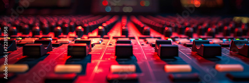 Wide-angle shot of a mixing console for a recording studio. Red cinematic studio light. photo