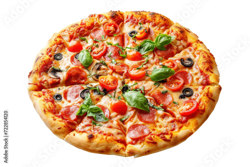 Delicious round pizza, cut out - stock png.