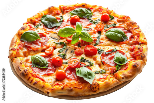 Delicious round pizza, cut out - stock png.